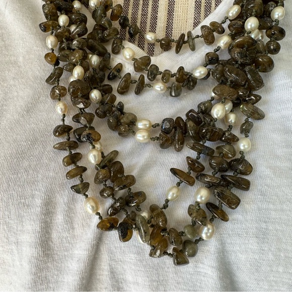 Jaden Labradorite Green Moss & Real Pearl Huge Multi-strand Necklace Heavy Duty - Picture 9 of 16